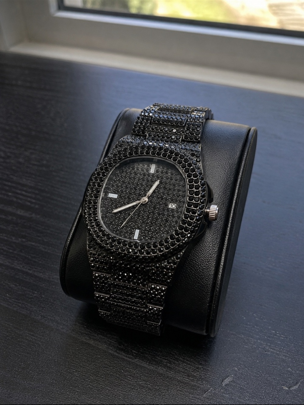 Mens Black Iced Out Watch Simulated Diamond Hip Hop Luxury Bustdown Watch Pavé